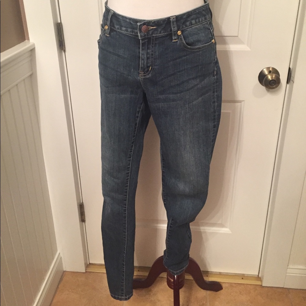 CACHE JEANS BLUE SKINNY STRETCH DENIM STRAIGHT LEG SLIM WHISKERING SIZE 4